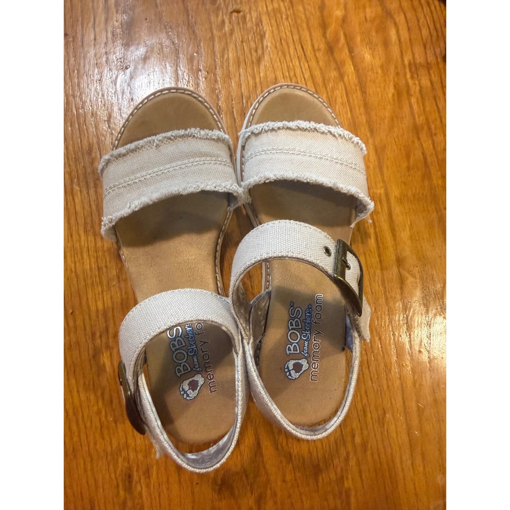 BOBS from Skechers Desert Kiss Beige Canvas Frayed Platform Sandals Womens 8